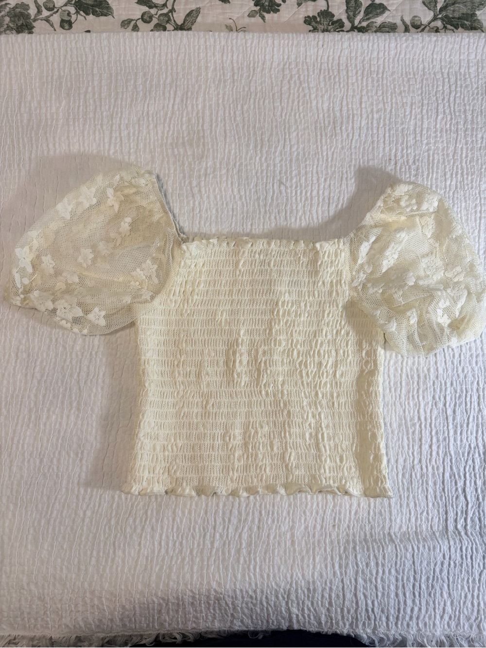 Willow Root Smocked Square Neck Puff Sleeve Top in Cream - Picture 2 of 6